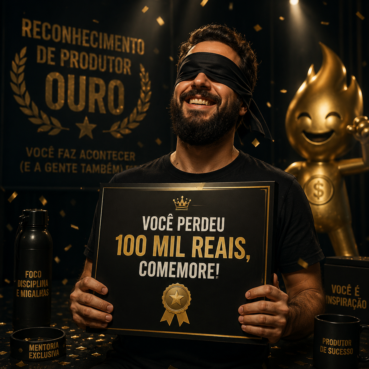 Produtor vendado comemorando perda de 100 mil reais com brindes